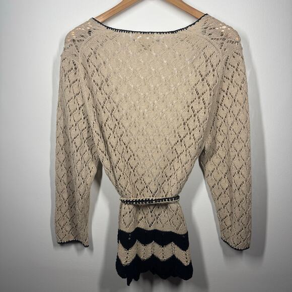 Loft Cardigan Women XL Beige Black Lace Crochet Tie Waist Topper Sweater Boho - Picture 2 of 10